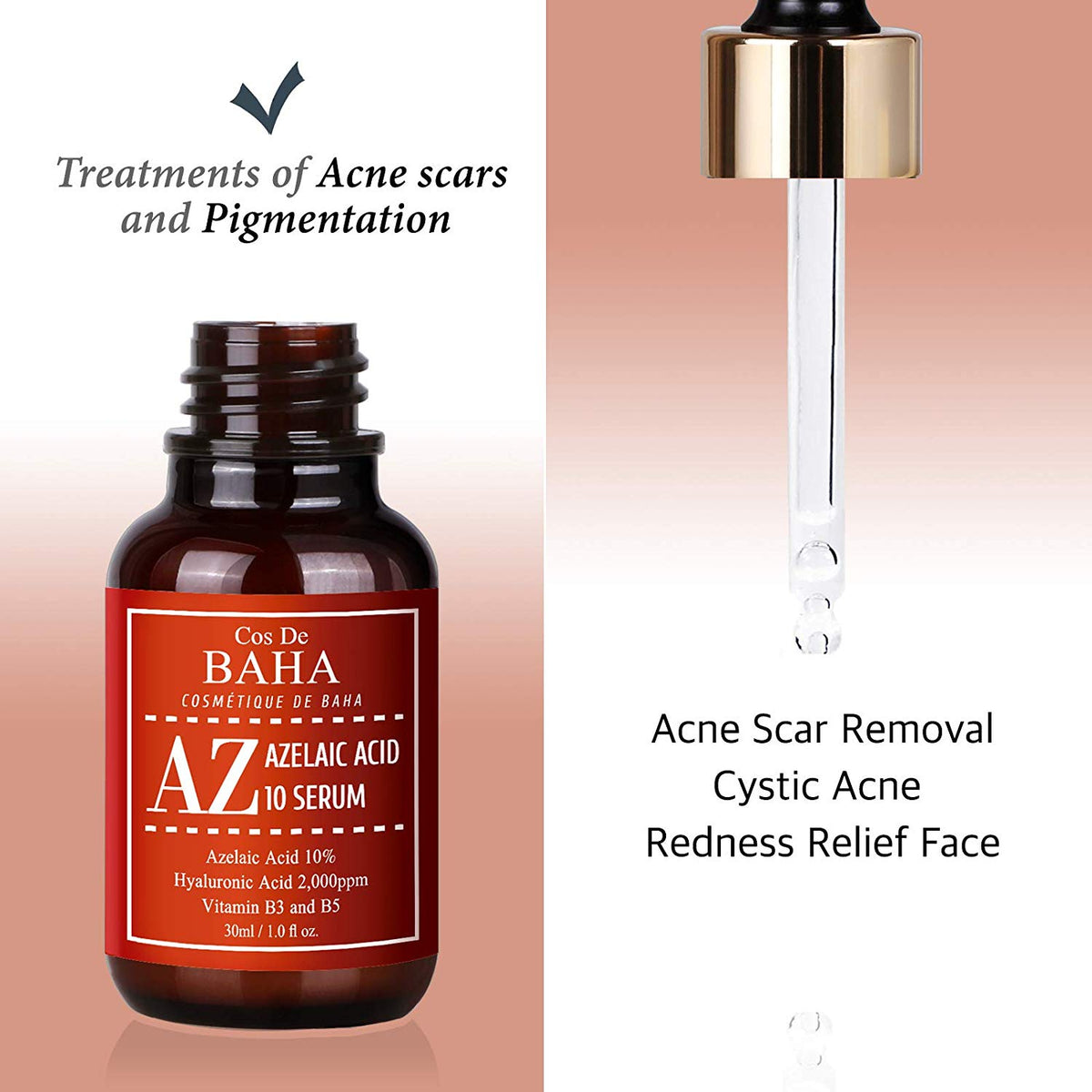 Azelaic Acid 10% Facial Serum with Niacinamide - Skin Care Product for Visible Redness + Blemish-Prone Skin + Uneven Tone + Pore Clarity, Alcohol Free, 1oz (30ml)