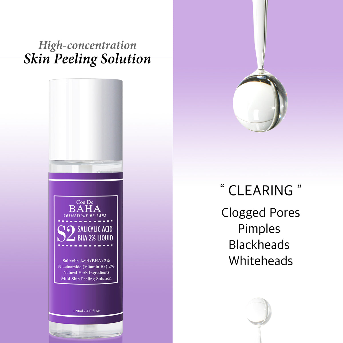 Salicylic Acid Exfoliant Facial Liquid with Niacinamide - BHA for Peel, Blemish-Prone Skin + Redness Calming + Pore Minimizer + Pore Cleaner + Alcohol Free, 4oz (120ml)